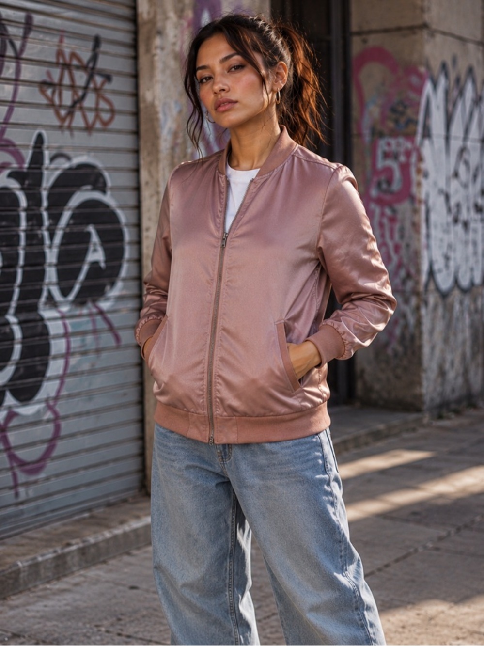 Topshop Pink Satin Full Zip Coquette Streetwear Urban Bomber Jacket Size 2